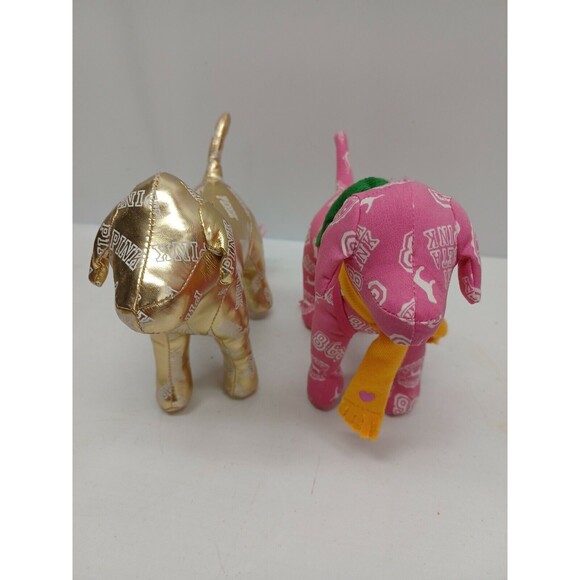 2 Victoria Secret Pink Mini Dog Stuffed Plush 7" Metallic Gold Phi Beta Pink - Picture 6 of 12